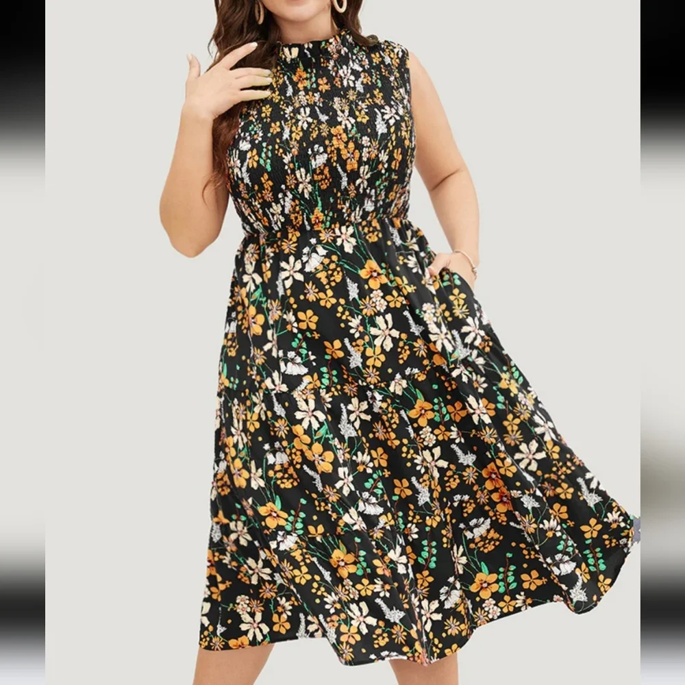 Floral Shirred Mock Neck Cut Out Pocket Ruffle Hem Dress - Picture 1 of 15